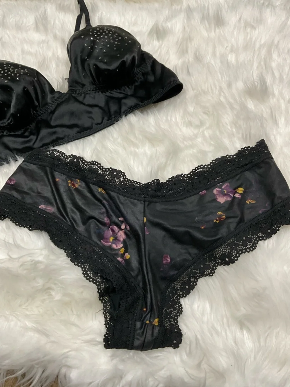 Very Sexy Victorias Secret Black  Satin Bralette and Lace Set